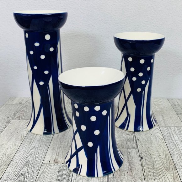 VTG Set of 3 Pacific Rim Candle Holders Blue White Ceramic Taper Candlestick - Picture 2 of 14
